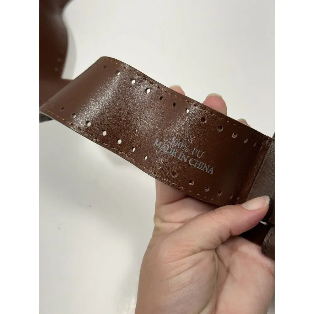 Fashion Belt Women Brown 100% PU Acrylic Large Buckle Embossed Faux‎ Sz 2X